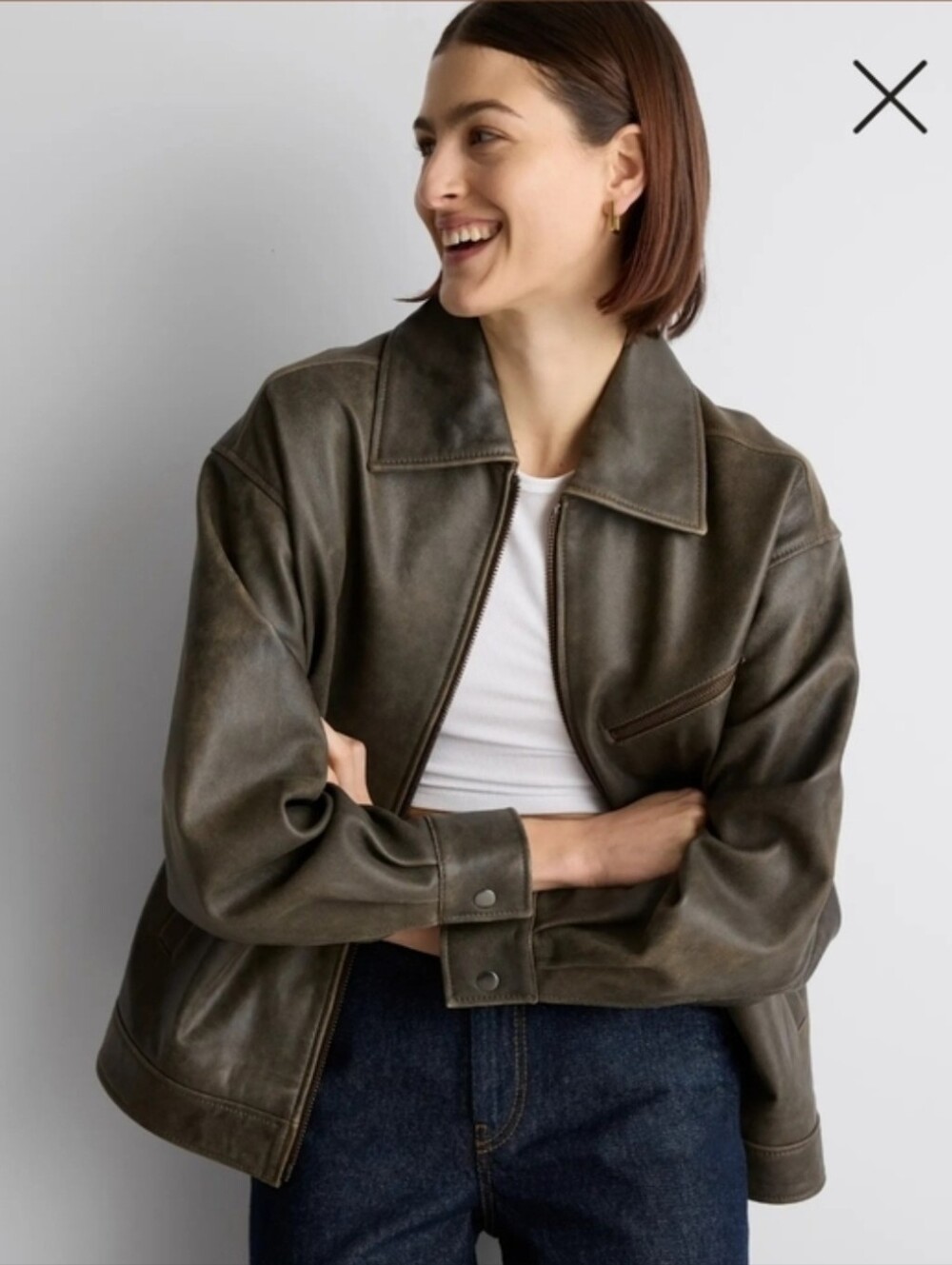 Quince Oversized Leather Bomber Jacket Distressed Brown